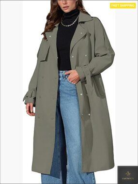 Double-Breasted Trench Coat Long Belted Lapel Lightweight Windproof Spring Fall
